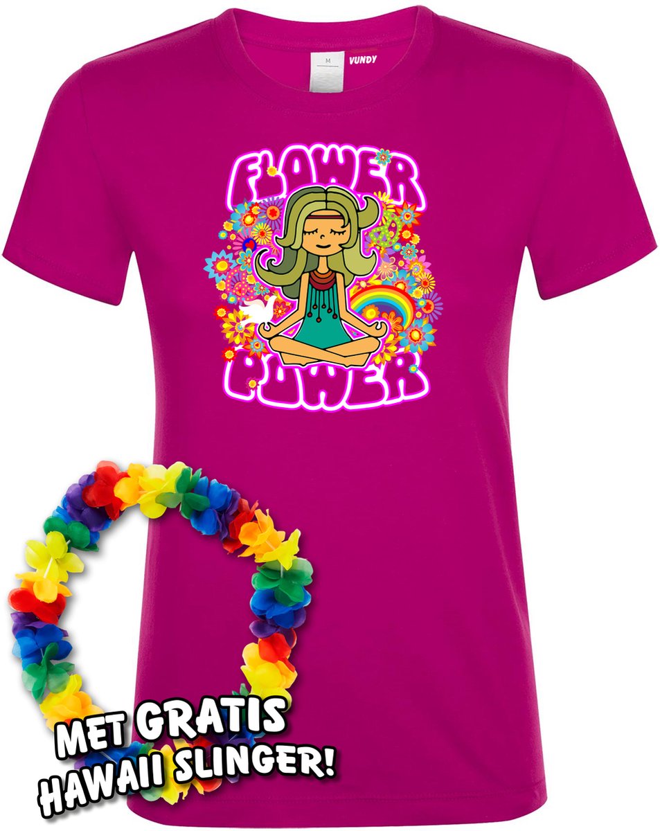 Dames t-shirt Hippie Girl Meditation Flower Power | Toppers in Concert 2022 | Toppers Kleding Shirt | Happy Together | Hippie Jaren 60 | Fuchsia dames | maat M